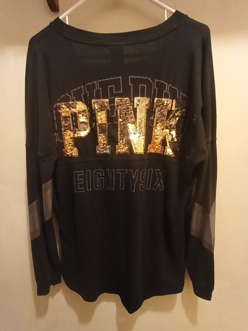 PINK Victoria's Secret Black Long Sleeve Tee with Gold Sequin Logo